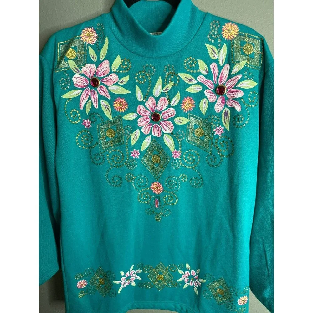 VTG Cristin Steven’s Sport Medium Mock Neck Blue Floral Sweater Glitter Jewels